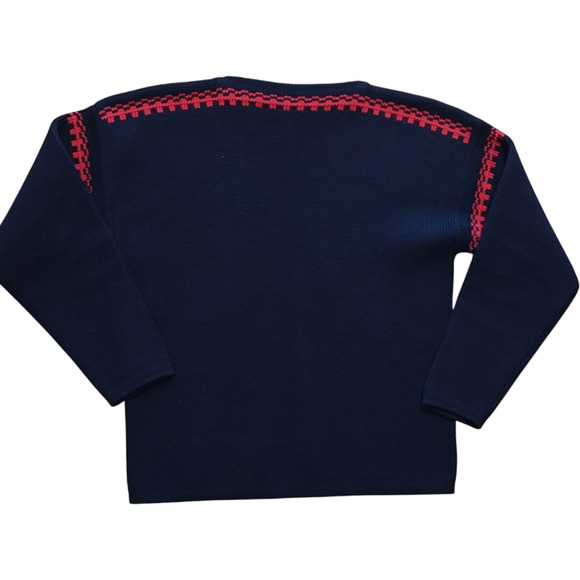 VTG Meister Knit New Wool Sweater Women's L Blue Red Pull Over Austria Boat Neck - Picture 2 of 5